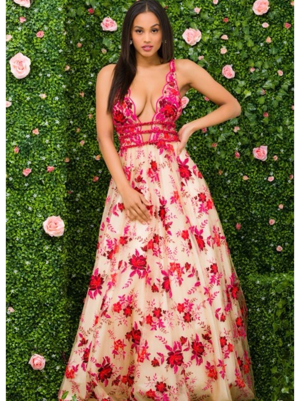 Jovani Floral V-Neck Gown